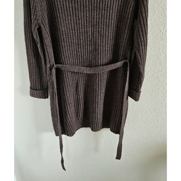 Karen Scott Woman Size M Brown Knee Length Button Up Cable Knit Cardigan Belted - Picture 3 of 9